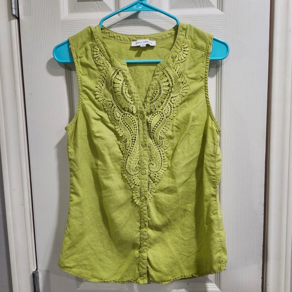 Emily Daniels Lime Green Linen Blend Lace Embroidered Sleeveless Blouse Medium